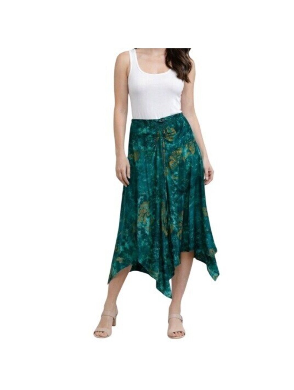 Hibiscus Collection Hawaii Women's Teal Green Tie Dye Handkerchief Hem Skirt OS
